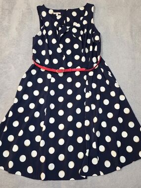Navy Polka Dot Fit & Flare Dress Plus Size 16W Retro Belted Swing